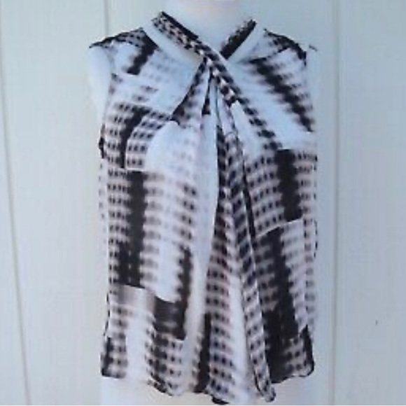 Halston Heritage Sleeveless Silk Blouse | Cross Neck Detail in Black Fading Dots - Picture 2 of 4